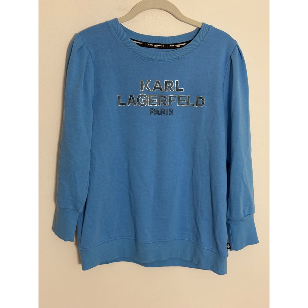 Karl Lagerfeld Paris Blue Studded Logo Puff Sleeve Sweatshirt Size M Womens